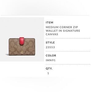 Coach Medium Corner Zip Wallet in Signature Canvas. Khaki and Poppy color